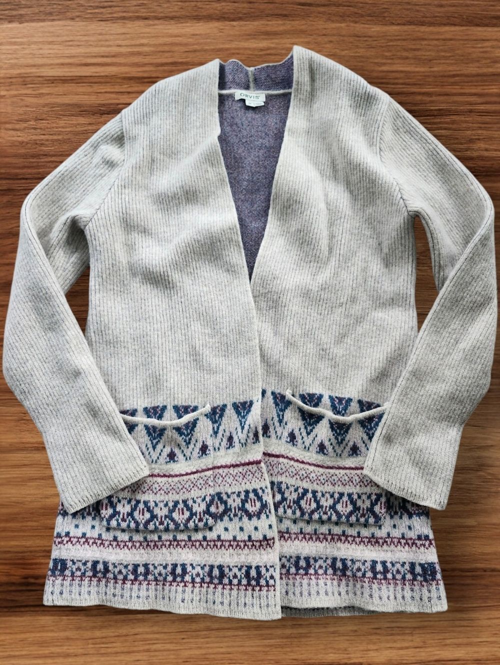 Orvis Oatmeal Fair-Isle Geometric Pattern Open Front Wool Cardigan. Sz. M